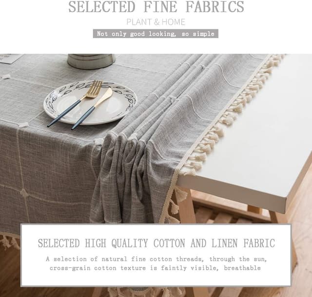 Detalle 2 de Pahajim Tischdecke aus Baumwolle-Leinen, rechteckig (Grau mit Gitter), abwaschbar, 140 x 260 cm mit Quasten