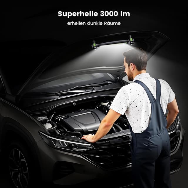 Detalle de Arbeitsleuchte 3000LM – Werkstattlampe LED mit Magnet & Haken, 3 Farbtemperaturmodi, USB‑C Schnellladen (5200 mAh) – Black