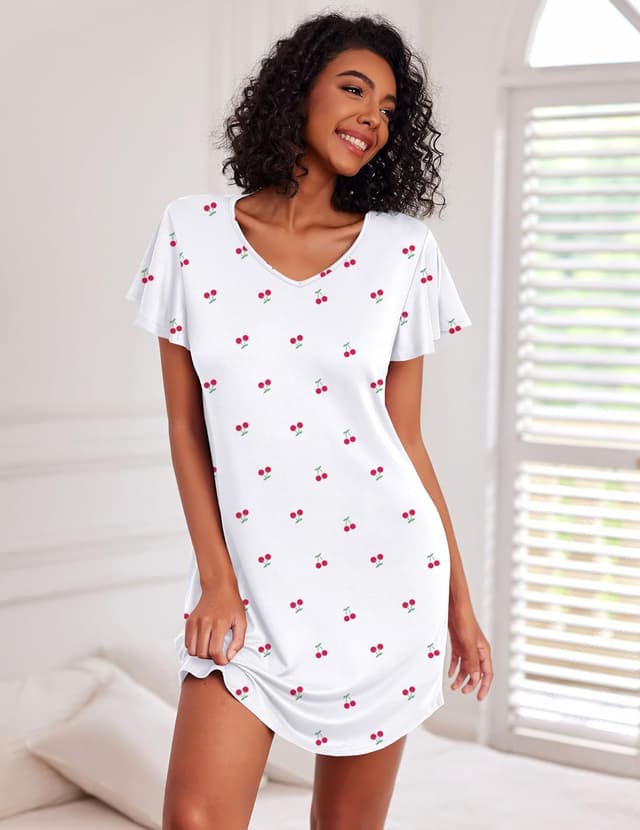 Detalle 2 de Ekouaer 2 Pack Women’s Nightgowns – Heart V-Neck Short Sleeve Flare Sleepshirt (S–XXL)