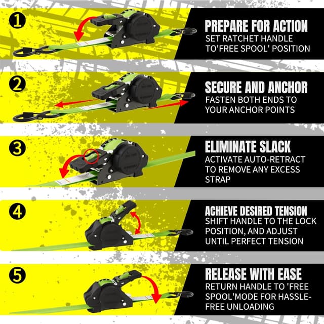 Detalle de Fortexus Retractable Ratchet Straps (1 in x 12 ft) – Heavy-Duty Automatic Tie Downs, 4-Pack (Neon Green)