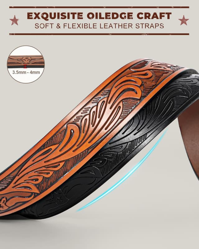 Detalle 2 de Beltroad 2er-Set Western-Gürtel ohne Schnalle für Herren (3,8 cm) – Wechselgürtel mit Schnapp-System