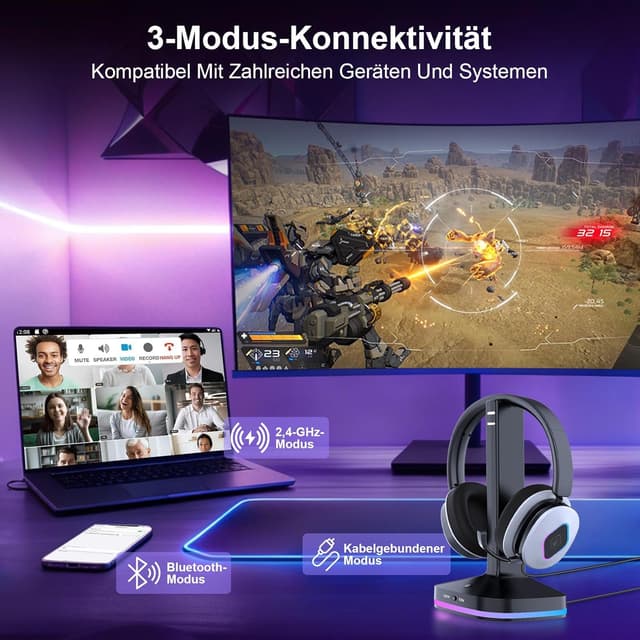 Detalle 1 de Earbay 2,4-GHz Wireless Gaming Headset für PS5/PS4, Switch & mehr – inkl. Bluetooth 6.0, 40 Std. Akku