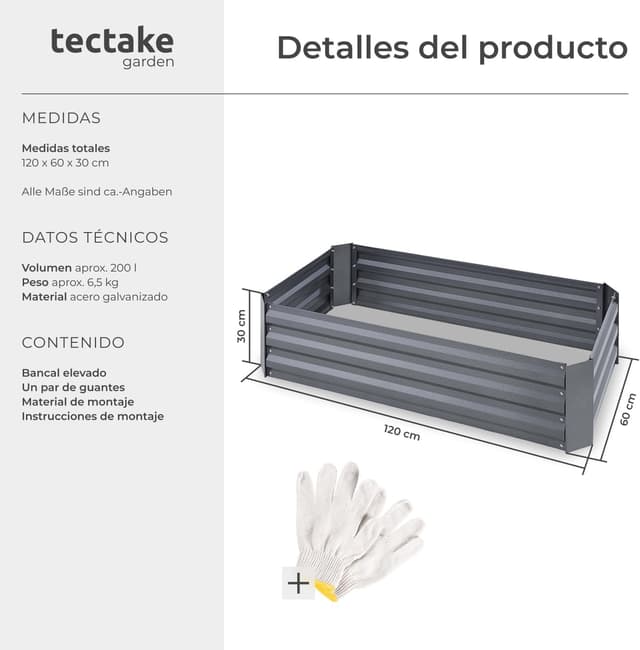 Thumbnail 1 de tectake arriate rectangular 120 x 60 x 30 cm