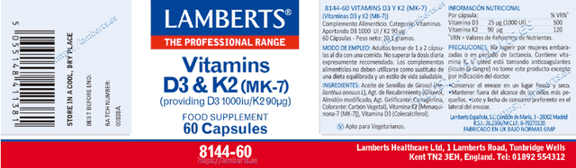 Detalle 2 de Lamberts Vitamina D3 1000 UI y K2 90 mg, 60 cápsulas 💊