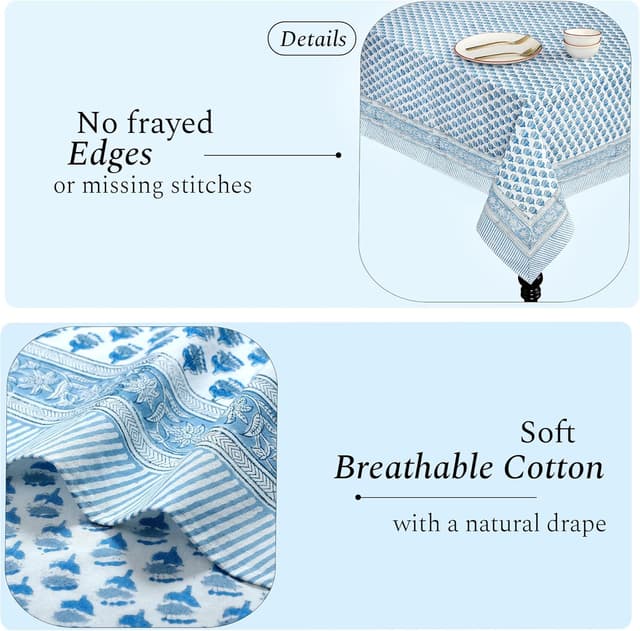 Detalle 2 de CPC Tablecloth 100% Cotton Indian Block Print Rectangle Table Cover, 60x90 Inch (Apatite Blue)