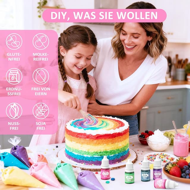 Detalle de Lebensmittelfarbe Set mit 16 Farben (flüssig, hochkonzentriert) – für Kuchen, Fondant, Getränke, Slime & DIY