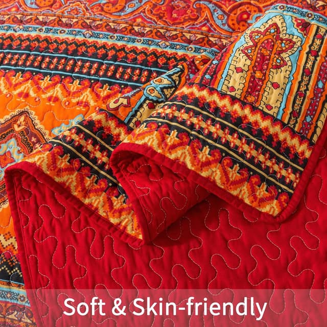 Detalle de BEDIFANY Cotton Quilts Queen Size Set (3-Piece) — Lightweight Boho Stripe Quilt with 2 Pillow Shams