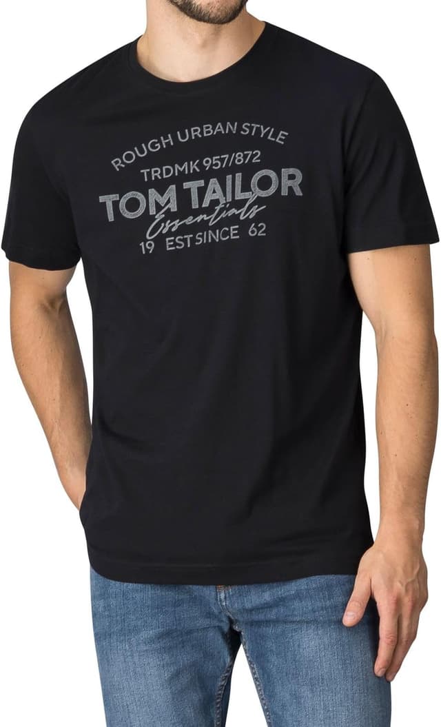Detalle de TOM TAILOR Herren T-Shirt Regular Fit im 4er-Pack aus Baumwolle (Rundhals, Kurzarm) mit Logoprint