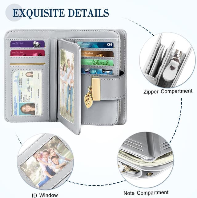 Detalle de Faneam Damen-Geldbörse aus Leder mit RFID-Schutz – kleines Portemonnaie mit 14 Kartenfächern, Reißverschluss und Tragekette