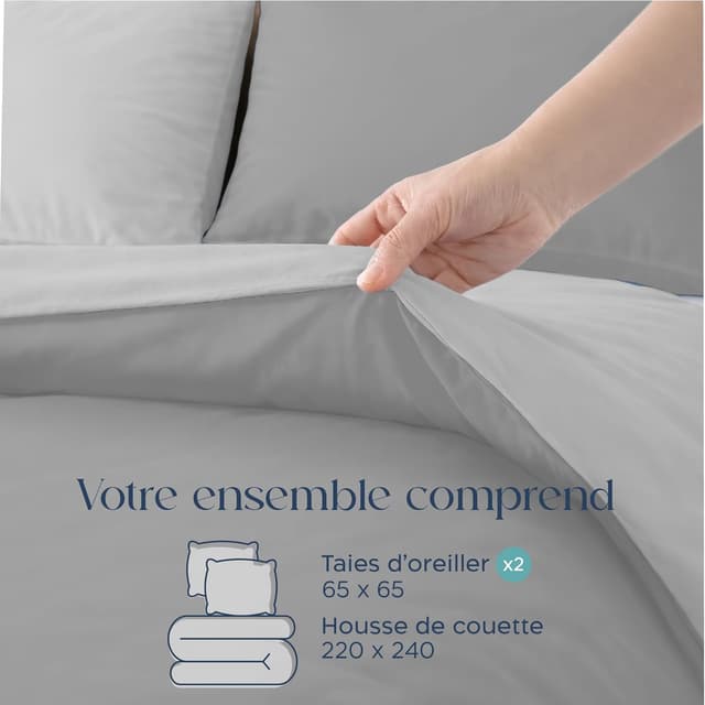 Detalle de Twinzen Parure de lit 220x240 réversible en microfibre grise claire/blanc avec 2 taies 65x65
