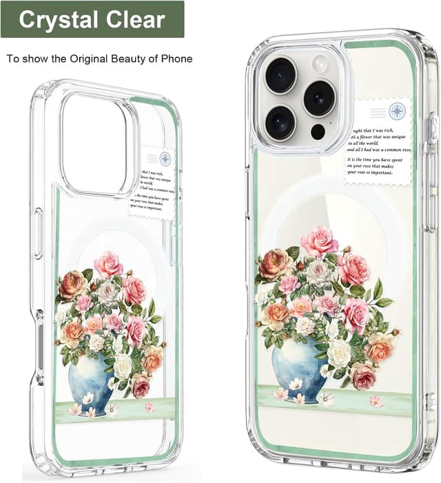 Detalle de Unov iPhone 16 Pro Max MagSafe-compatible clear case with embossed Rose Bouquet design