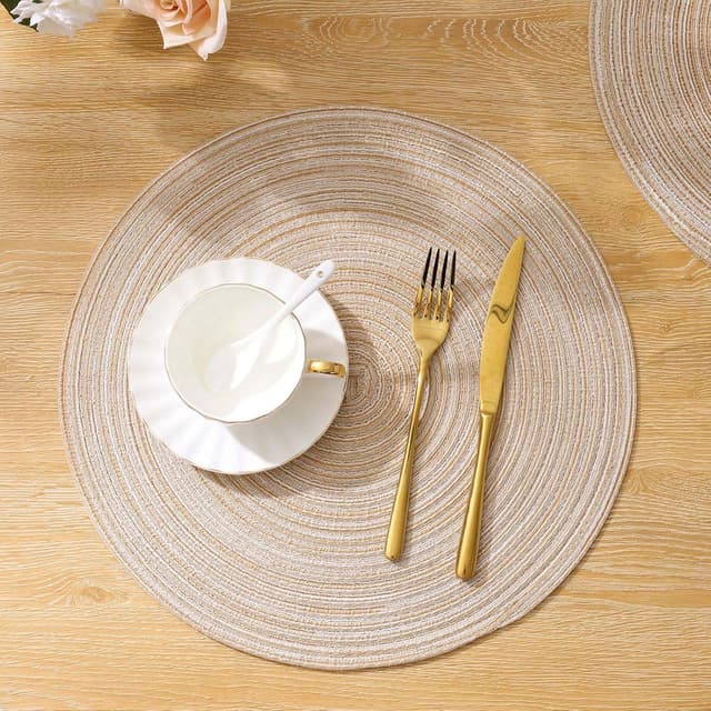 Detalle 2 de SHACOS 38cm Round Placemats Set of 6 – Braided woven, beige heat-resistant table mats