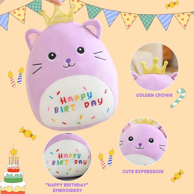 Detalle 2 de Xfrog Cat Stuffed Animal Plush Pillow (10") – Kawaii Purple Birthday Cat with Golden Crown
