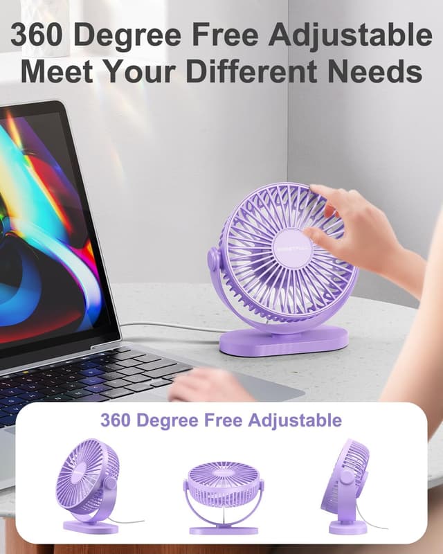 Detalle de SWEETFULL USB Desk Fan – 3-speed silent mini fan with 360° adjustable head (Purple)