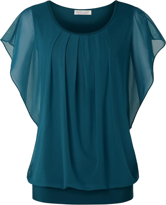 Detalle de BAISHENGGT Damen Sommer Netz-Bluse mit Rundkragen und kurzem Fledermausärmel