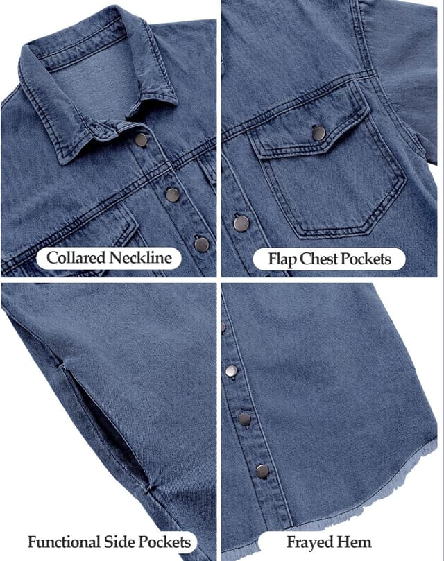 Thumbnail 5 de Vetinee Women’s Oversized Button-Up Frayed Hem Shacket Denim Jacket