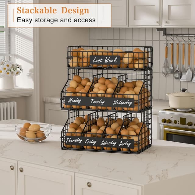 Thumbnail 6 de keomaisyto 3-Tier Countertop Egg Holder with 5 Dividers, Stackable Wire Baskets & DIY Nameplate (Wall-Mounted)