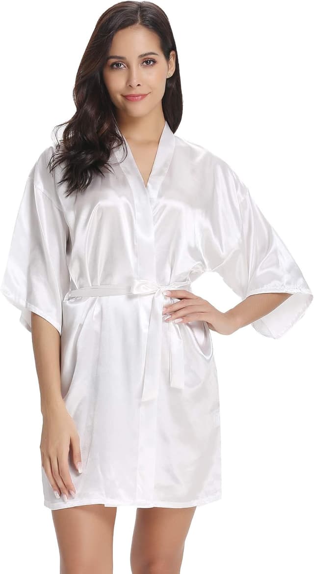 Detalle de Vlazom Peignoir satin femme à col en V avec ceinture (kimono / robe de chambre)