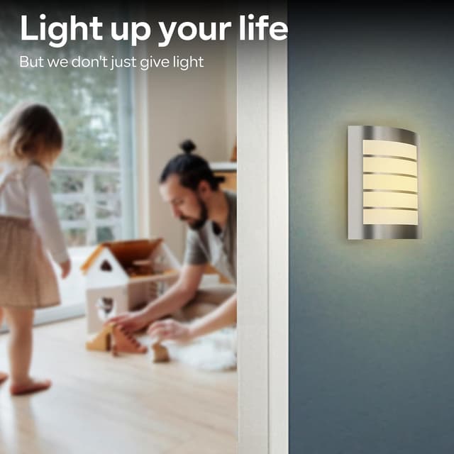 Detalle de Kerry Wall Light outside front door lighting – IP44 mains powered E27 curved stainless steel sconce