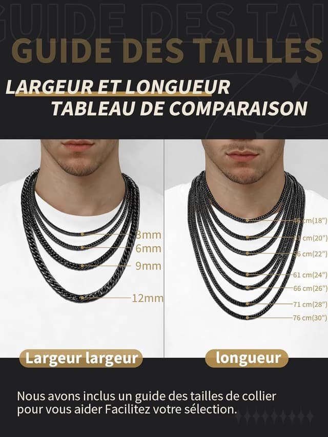 Detalle 2 de FindChic Collier homme chaîne cubaine en acier inoxydable 316L (3/6/9/12 mm, 46 à 76 cm) style hip hop streetwear