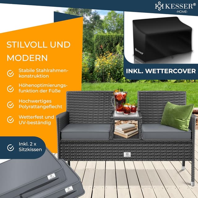 Thumbnail 1 de KESSER Polyrattan Gartenbank 2-Sitzer Tisch 143×63×88 cm Grau