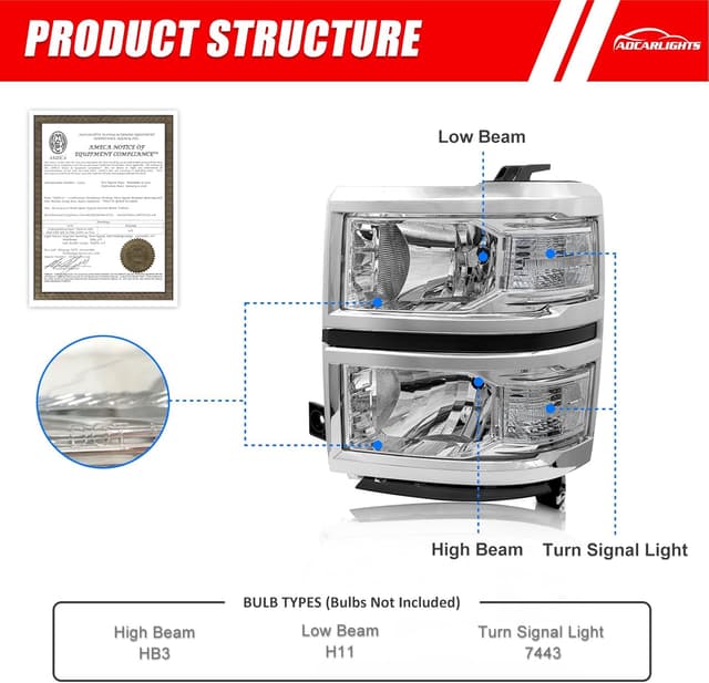 Detalle 2 de ADCARLIGHTS Headlight Assembly Pair for 2014–2015 Chevy Silverado 1500 (Chrome Housing, Clear Reflector) — Left & Right, W/O Bulbs