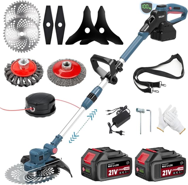 Detalle de YEXLXLN Akku-Rasentrimmer mit 5 austauschbaren Klingentypen (21V), 22 cm Schnittbreite, inkl. 2× 4.0Ah-Akkus