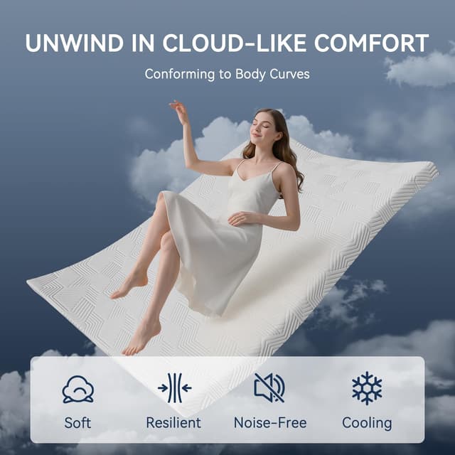 Detalle 1 de ELEMUSE 4 Inch Gel Memory Foam Mattress Topper (King) for Pressure Relief, Non-Slip Base, Removable & Washable Cover