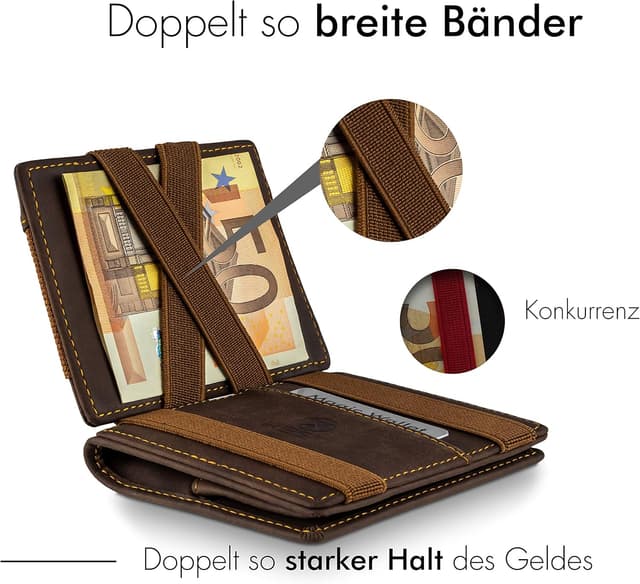Detalle de WEST Magic Wallet (Klassiker) mit großem Münzfach – RFID Datenschutz Geldbeutel inkl. Geschenkbox in Braun/Orange