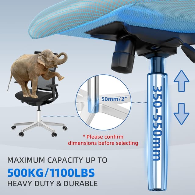 Detalle de WEWILL Gasdruckfeder für Bürostuhl – höhenverstellbar (Hub 350–550 mm), Belastbarkeit bis 500 kg, Ø 50 mm