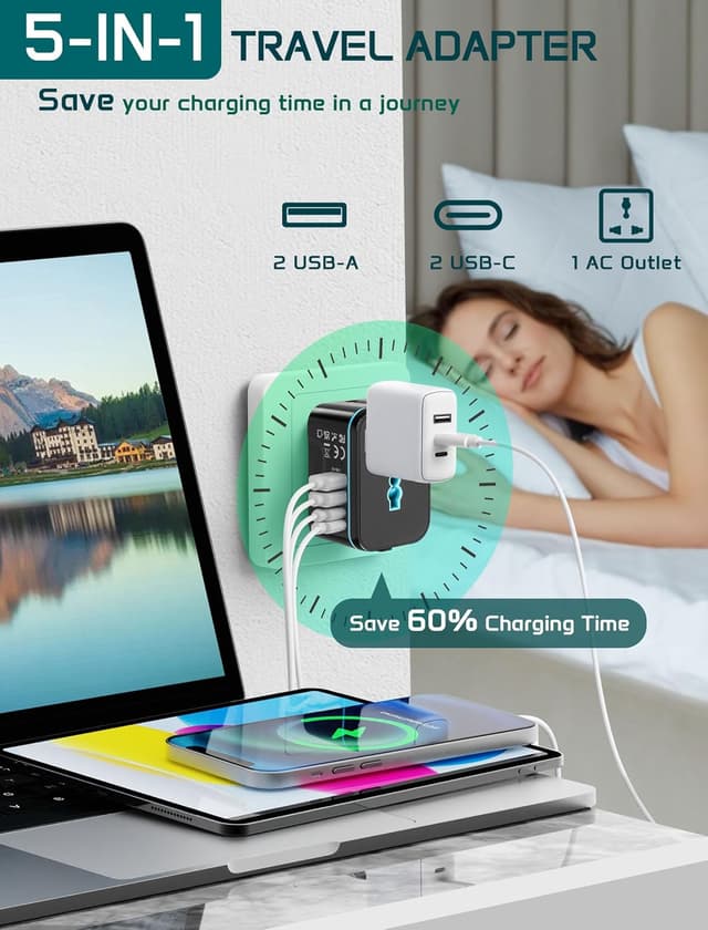 Detalle de TECSIX Weltweiter Universal-Reiseadapter mit 2 USB‑C, 2 USB‑A und AC-Steckdose (für EU/USA & mehr)