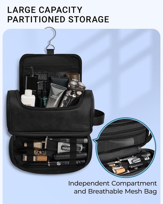 Detalle de Elviros water-resistant PU leather large double-layer toiletry bag for men