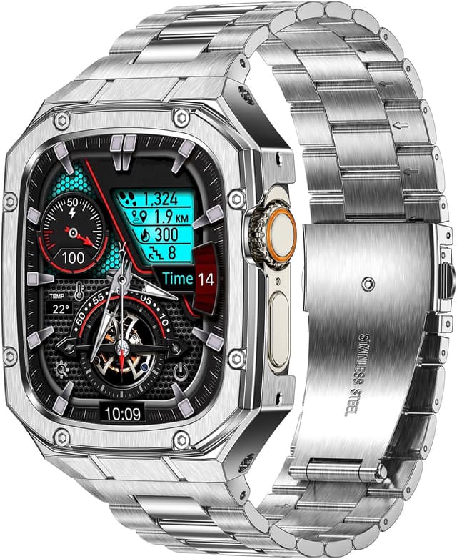 Detalle de BAITEYOU Stainless Steel Watch Band with Case for Apple Watch Ultra 3/2/1 (49mm) — Rugged Metal Bumper Strap, Silver