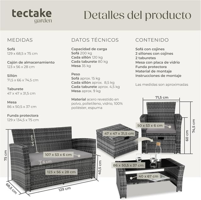 Thumbnail 6 de tectake Conjunto jardín ratán 4 plazas