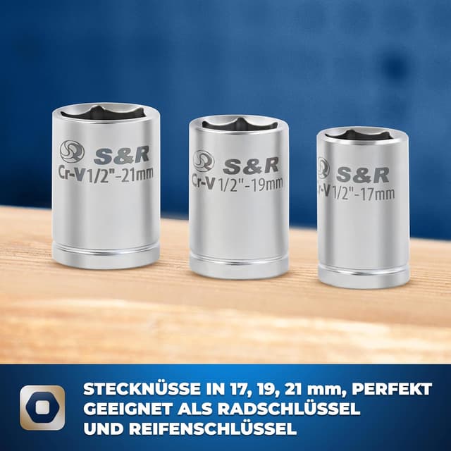 Detalle de S&R Kreuz-Drehmomentschlüssel-Set 1/2 Zoll (70–170 Nm) mit 3 Stecknüssen 17/19/21 mm im Koffer