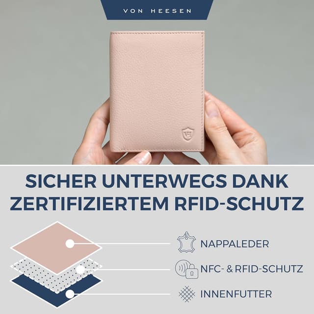 Detalle de VON HEESEN Herren- & Damen-Leder-Geldbörse mit Münzfach und RFID-Schutz (Rose)