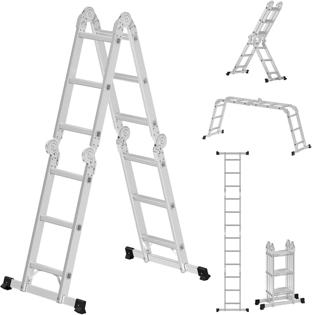 Detalle de SONGMICS GLT046E01 Mehrzweckleiter aus Aluminium (4 x 4 Stufen, bis 150 kg, 16 Stufen, 6 Positionen, 430 cm, silbern)