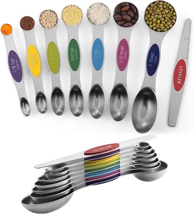 Detalle de ChefAide Pack of 8 Stainless Steel Magnetic Measuring Spoons Set (Dual Sided, Stackable, With Leveler)