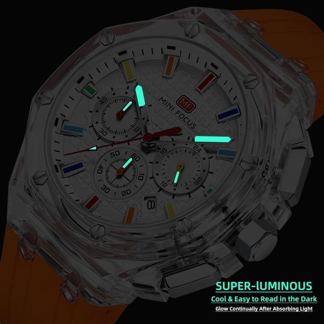 Detalle 2 de MF MINI FOCUS Mini Focus Men Watches : montre quartz multifonction à cadran analogique transparent, bracelet silicone
