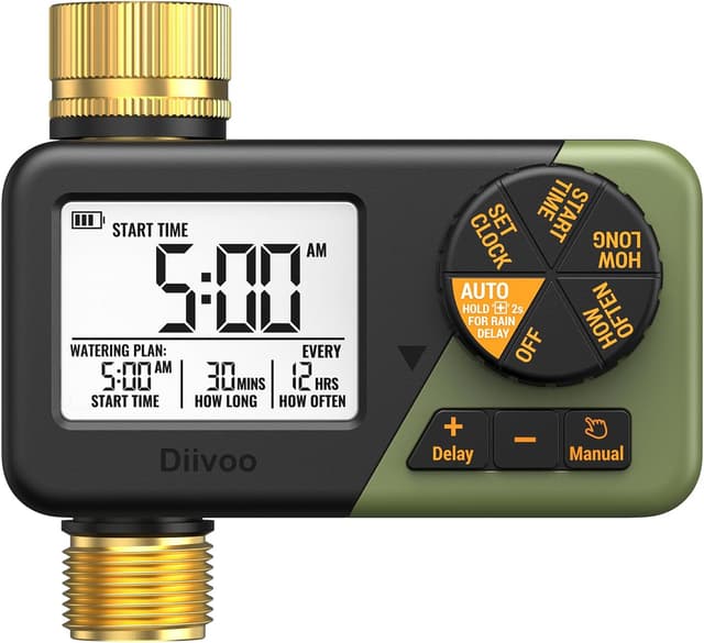Detalle de Diivoo Water Sprinkler Timer with Brass Inlet & Outlet – weekly irrigation with rain delay and manual watering