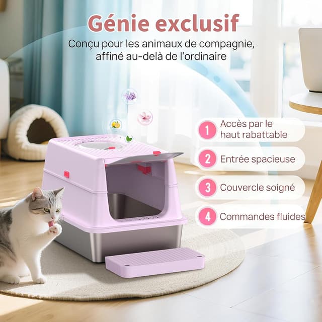 Detalle de BEST JAJA XXL Katzentoilette aus Edelstahl (V2A) mit 160° Klappdeckel & Geruchsfilter – geschlossenes 3-in-1 System