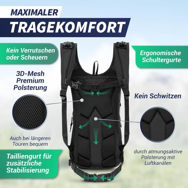 Detalle de SASMO Sports Fahrradrucksack 10l + 3l mit Trinkblase, Thermofach und Helmnetz