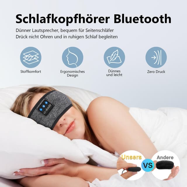 Detalle de LC-dolida Schlafkopfhörer Bluetooth 5.4 – Stirnband zum Schlafen, Musik & Training (Grau)