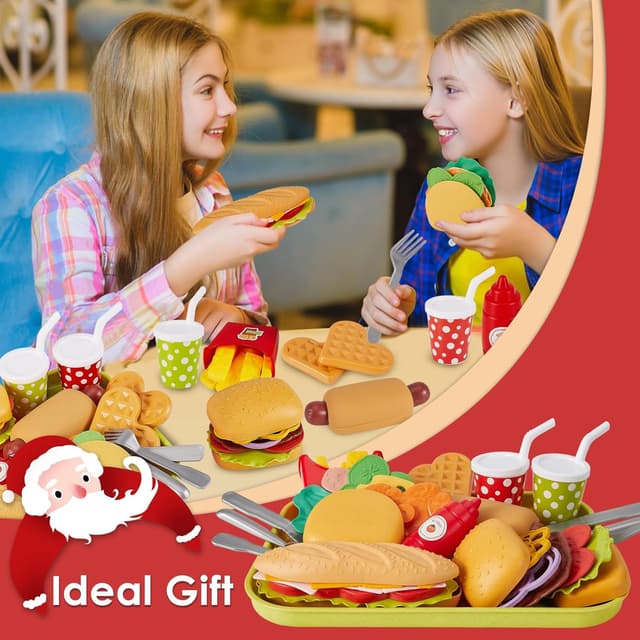 Detalle de BUYGER Pretend Play Toy Food Sets for Kids (Take Apart Hamburger, Fast Food Accessories) with Tray