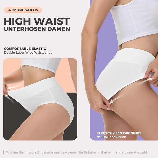 Detalle de IceReco Damen-Unterhosen mit hoher Taille (5er-Pack) aus Baumwolle mit Stretch