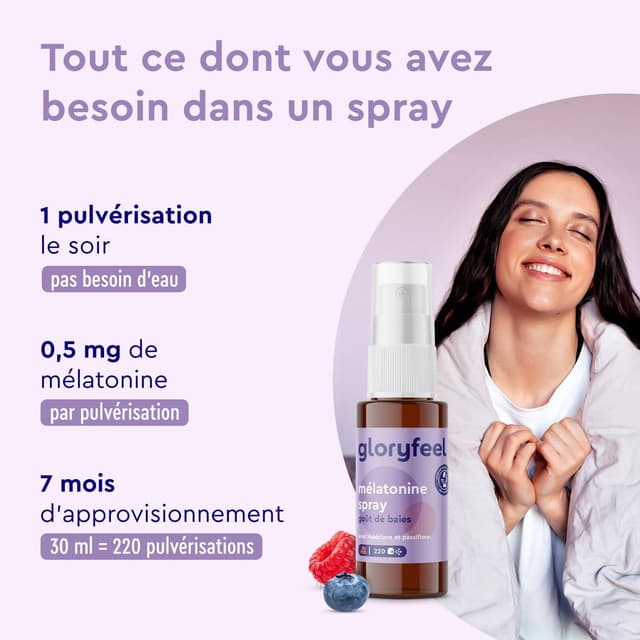 Detalle de Gloryfeel Spray Mélatonine Baies Premium (1 mg) avec B1 & B6, lavande, valériane et passiflore – sans alcool, sans sucre, vegan