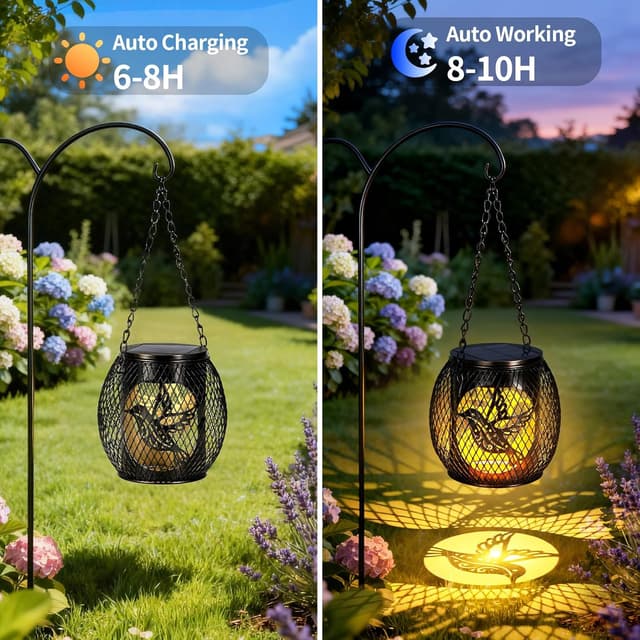 Detalle de Solar outdoor garden bird hanging lanterns – 2 pack solar lights (IP65 waterproof)