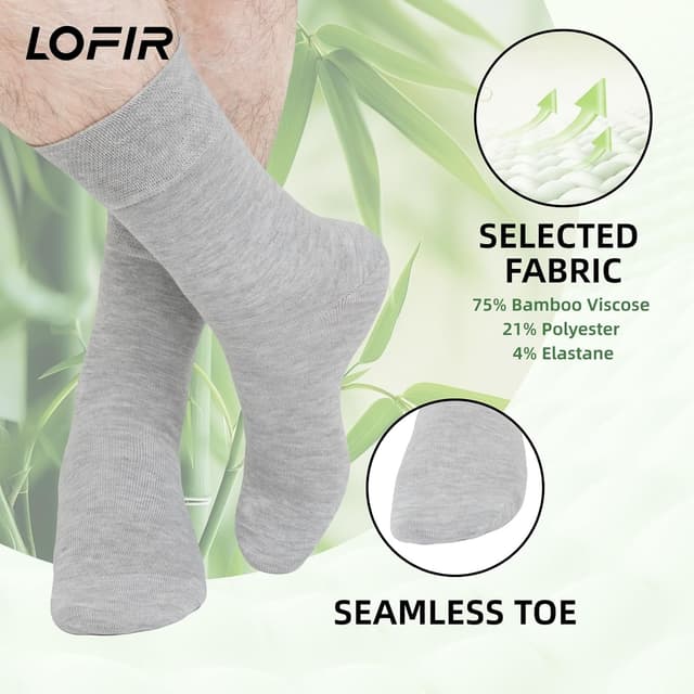 Detalle de LOFIR Diabetic Bamboo Socks (Wide Fit) – Seamless Toe, Non-Elastic Loose Top Crew Socks, 6 Pairs, Size 9–11 Grey