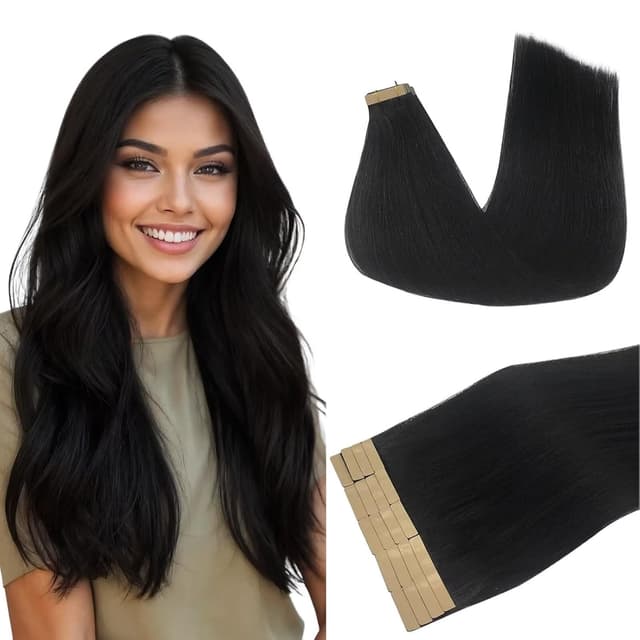 Detalle de DOORES Human Hair Extensions (Jet Black) — 20 inch, 50g, 20pcs Tape-In Skin Weft