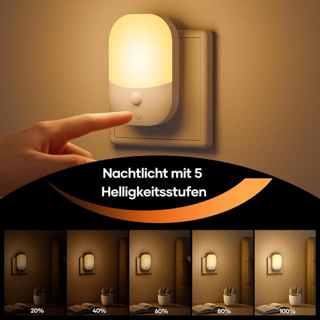 Detalle 2 de Detake Nachtlicht mit Dämmerungssensor (2er-Set) für Steckdose – 5 Helligkeitsstufen, 3 Modi und warmweißes LED-Licht
